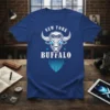 New York Buffalo geometric bull design t-shirt in navy blue, featuring white text and blue accents