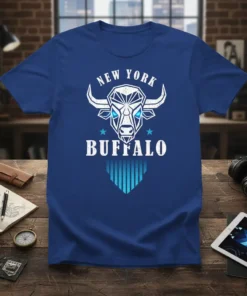 New York Buffalo geometric bull design t-shirt in navy blue, featuring white text and blue accents