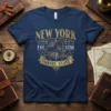 Navy blue t-shirt with vintage New York Empire State 1788 Est design featuring a map and compass graphic