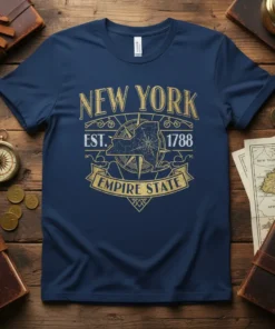 Navy blue t-shirt with vintage New York Empire State 1788 Est design featuring a map and compass graphic