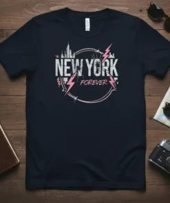 New York Forever t-shirt design with a retro skyline graphic and lightning bolt accents