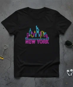 Neon outline of the New York City skyline, including the Statue of Liberty, on a black t-shirt