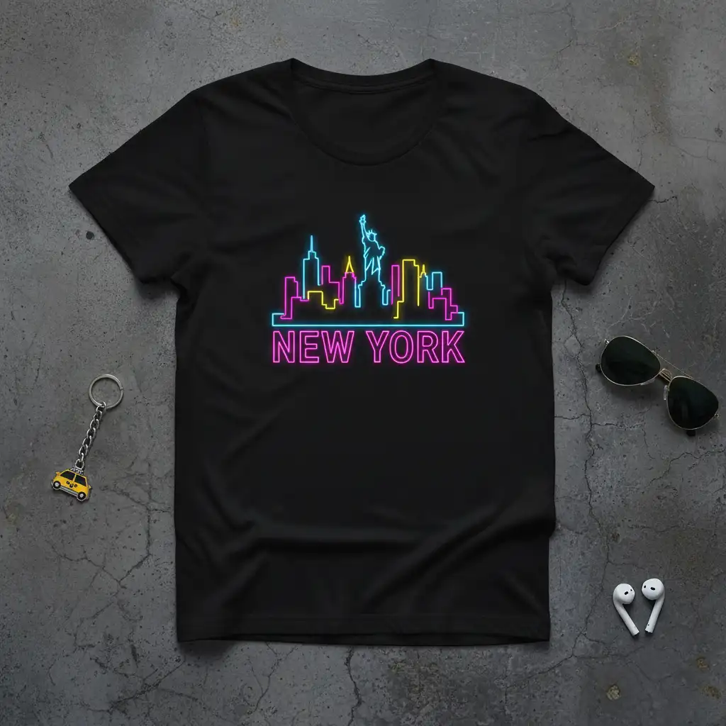 Vibrant neon outline of the New York City skyline featuring iconic buildings and the Statue of Liberty