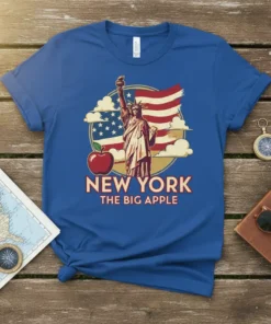 New York The Big Apple t-shirt design featuring the Statue of Liberty, American flag, and a red apple graphic