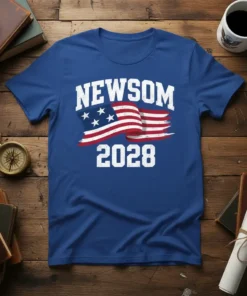 Newsom 2028 campaign t-shirt featuring an American flag graphic and distressed white lettering
