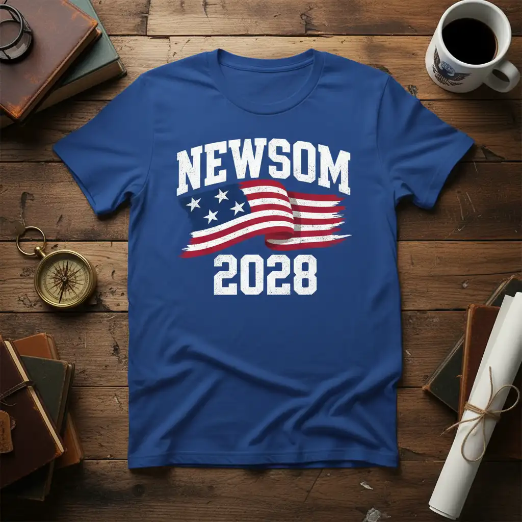 Newsom 2028 political campaign t-shirt with American flag and distressed typography