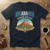 Nicaragua Hispanic Heritage t-shirt design with volcano, Nicaraguan flag, and various country flags in hearts