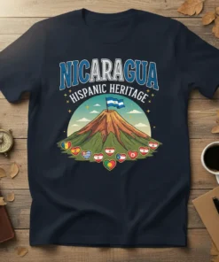 Nicaragua Hispanic Heritage t-shirt design with volcano, Nicaraguan flag, and various country flags in hearts