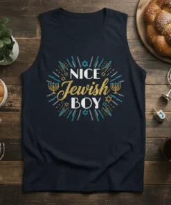 NICE Jewish BOY text design with menorahs and stars of David, in blue and gold on a navy tank top