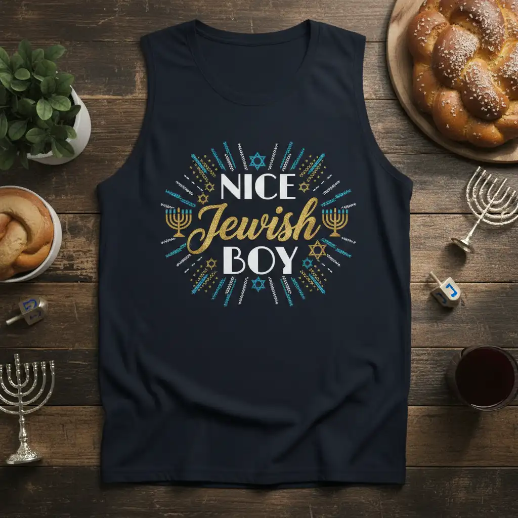 NICE Jewish BOY text design featuring festive menorahs and stars of David in blue and gold