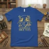 NICE TITS t-shirt design featuring two great tits birds perched on a branch with ornate gold accents