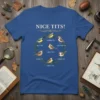 Blue t-shirt with "Nice Tits!" text and illustrations of seven different tit species labeled Blue Tit, Marsh Tit, Crested Tit