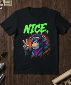 NICE. text with a cool chimpanzee wearing sunglasses and a bandana making a peace sign on a black t-shirt