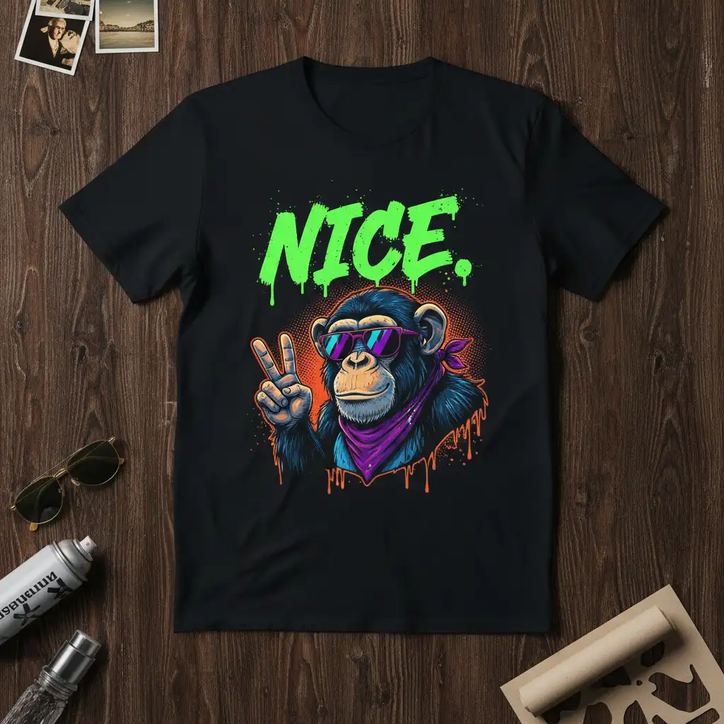 Cool ape graphic with NICE. text, sunglasses, and peace sign on a t-shirt design