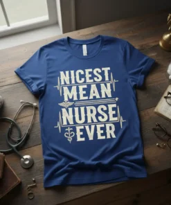 Nicest Mean Nurse Ever t-shirt design featuring bold text and a caduceus symbol with a heartbeat line