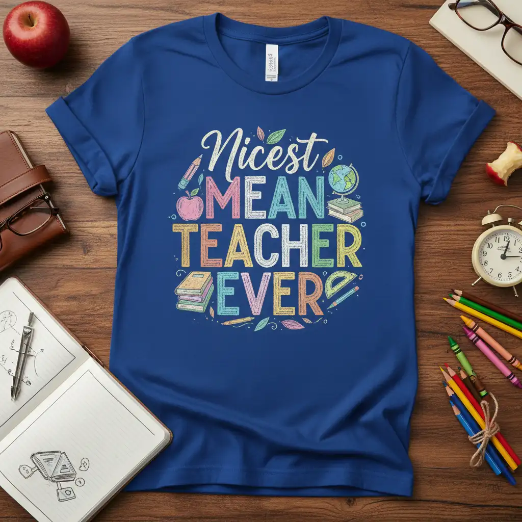 Nicest MEAN TEACHER EVER quote design with colorful chalk-style typography and school supplies icons