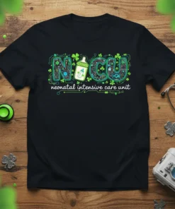 NICU neonatal intensive care unit t-shirt with green shamrocks and baby bottle graphic, designed for nurses