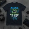 Niece of the Birthday Boy t-shirt design with gaming controllers, wings, and circuit board graphics in blue and green