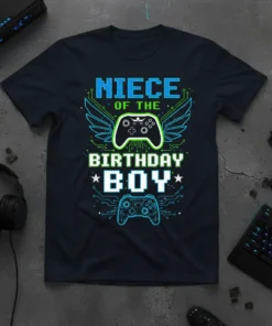 Niece of the Birthday Boy t-shirt design with gaming controllers, wings, and circuit board graphics in blue and green