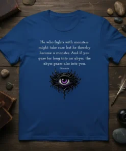 Nietzsche quote t-shirt "He who fights with monsters" and an eye graphic, dark academia style