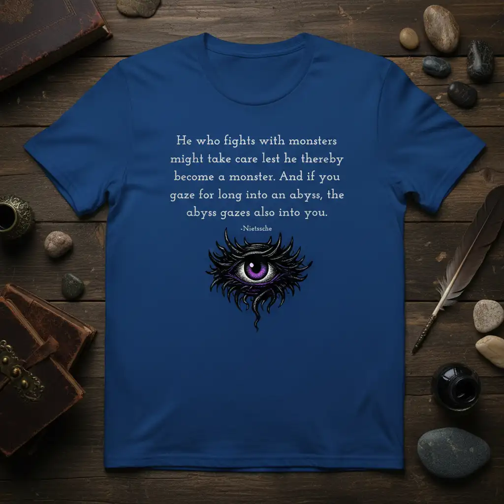 He who fights with monsters Nietzsche quote with an eye graphic on a royal blue t-shirt