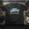 Night Prowlers Urban Exploration Division text with a stylized cat face and yellow eyes on a black t-shirt