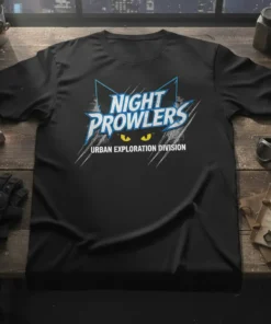 Night Prowlers Urban Exploration Division text with a stylized cat face and yellow eyes on a black t-shirt