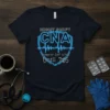 Navy t-shirt with "NIGHT SHIFT CNA Keepin' Em' Alive Until 7:05" in neon blue text and a heartbeat line graphic