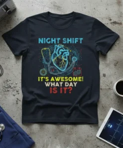 Night Shift It's Awesome! What Day Is It? t-shirt with anatomical heart and medical symbols