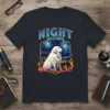 Night Watcher t-shirt design featuring a white dog sitting under a starry Van Gogh-style night sky with flames below