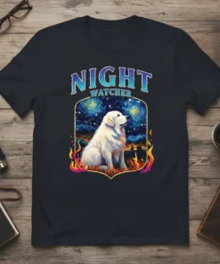 Night Watcher t-shirt design featuring a white dog sitting under a starry Van Gogh-style night sky with flames below