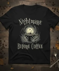 Nightmare Before Coffee quote on a black t-shirt with a spooky graveyard scene inside a coffee cup, featuring skeleton hands