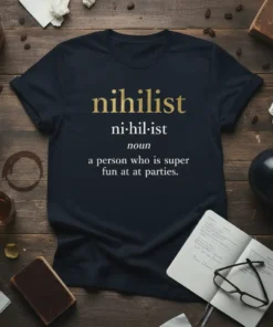 Nihilist definition t-shirt with gold text: 'nihilist noun a person who is super fun at parties.'