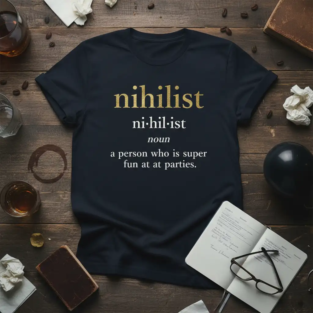 Nihilist definition t-shirt featuring gold text: 'nihilist noun a person who is super fun at parties.'