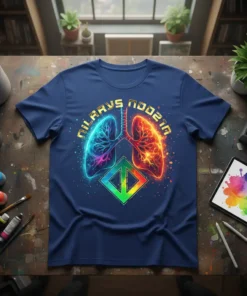 NILARYS NOOZIN T-Shirt with a neon-colored artistic representation of lungs, one blue and one red, and a geometric symbol below
