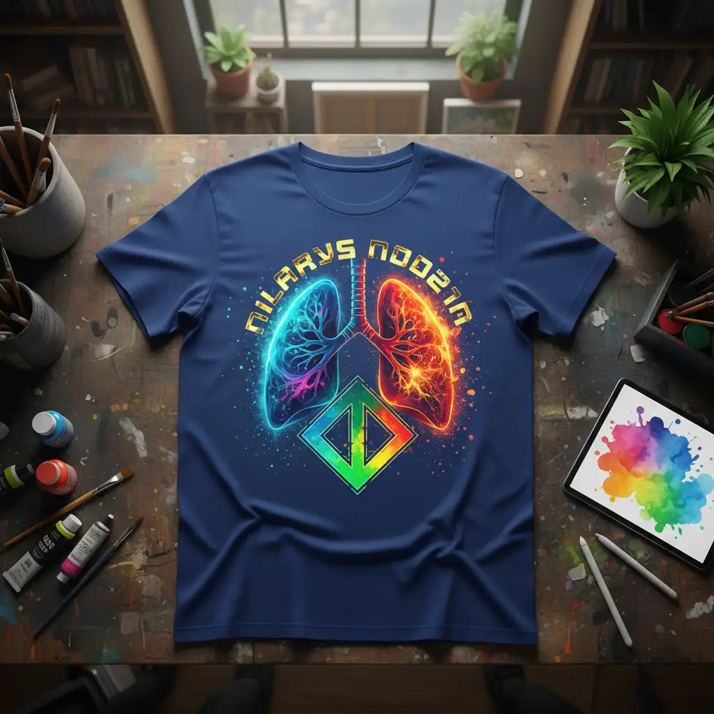 NILARYS NOOZIN T-Shirt design with glowing blue and red lungs and a colorful geometric symbol