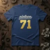 Nineteen 71 text design with large gold numbers and retro font on a navy t-shirt, celebrating a 1971 birth year