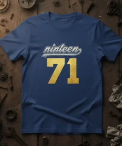 Nineteen 71 text design with large gold numbers and retro font on a navy t-shirt, celebrating a 1971 birth year