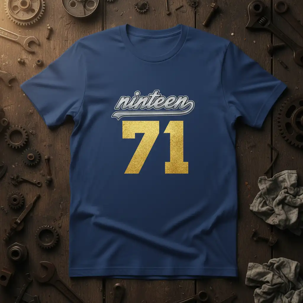 Retro 'nineteen 71' text graphic with shimmering gold numbers and vintage font on a navy blue t-shirt