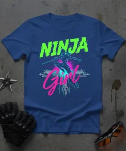 Ninja Girl t-shirt design with neon green "NINJA" text and pink "Girl" script, featuring a silhouette of a female ninja