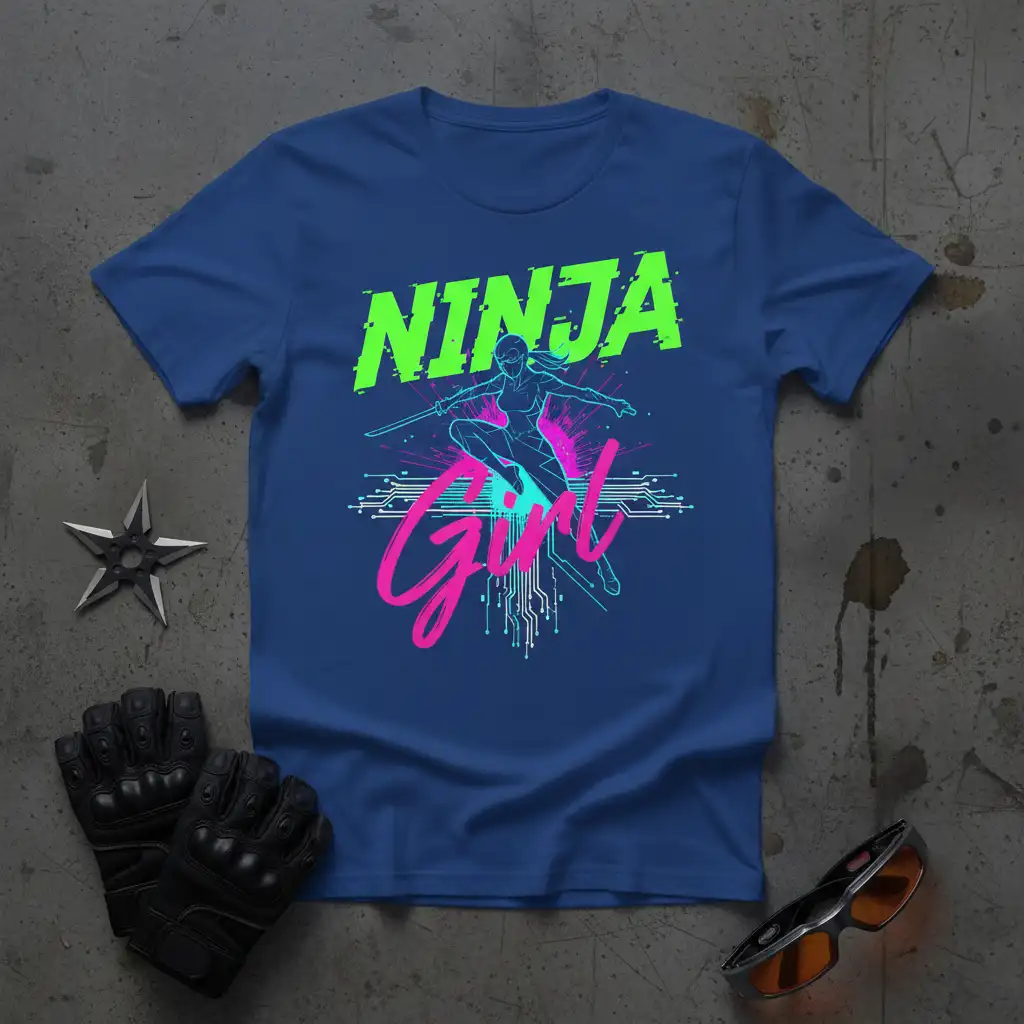 NINJA Girl design with neon green text and pink script, featuring a female ninja silhouette on a circuit board pattern