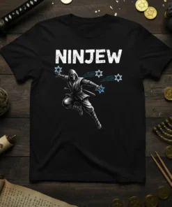 Black t-shirt with "NINJEW" text and a ninja throwing Star of David shurikens