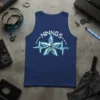 Ninnngs tank top with a white text logo, a detailed ninja star graphic, and a blue electric heartbeat line