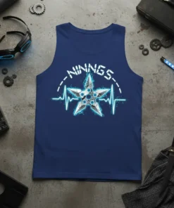 Ninnngs tank top with a white text logo, a detailed ninja star graphic, and a blue electric heartbeat line