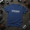 Nippon Kogaku Tokyo text design on a navy blue t-shirt, inspired by vintage camera branding