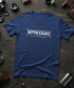Nippon Kogaku Tokyo text design on a navy blue t-shirt, inspired by vintage camera branding