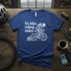 No bike riding today text with a robot cycling in the rain design on a blue t-shirt