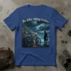 No bike riding today quote on a t-shirt featuring a cyclist and bike in a stormy outdoor scene