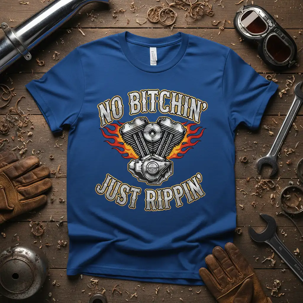 No Bitchin' Just Rippin' text with V-twin motorcycle engine graphic and flames on blue t-shirt