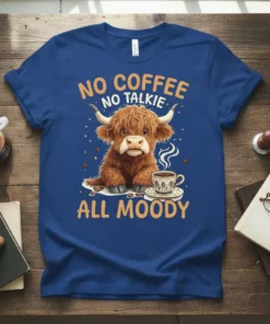 Highland cow graphic t-shirt with "No Coffee No Talkie All Moody" text in orange, featuring a fluffy cow holding a